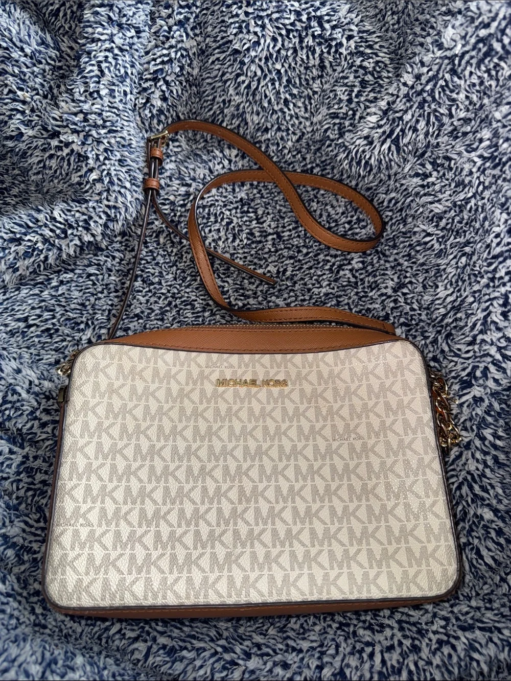 Michael Kors Cream and Brown MK Logo Crossbody